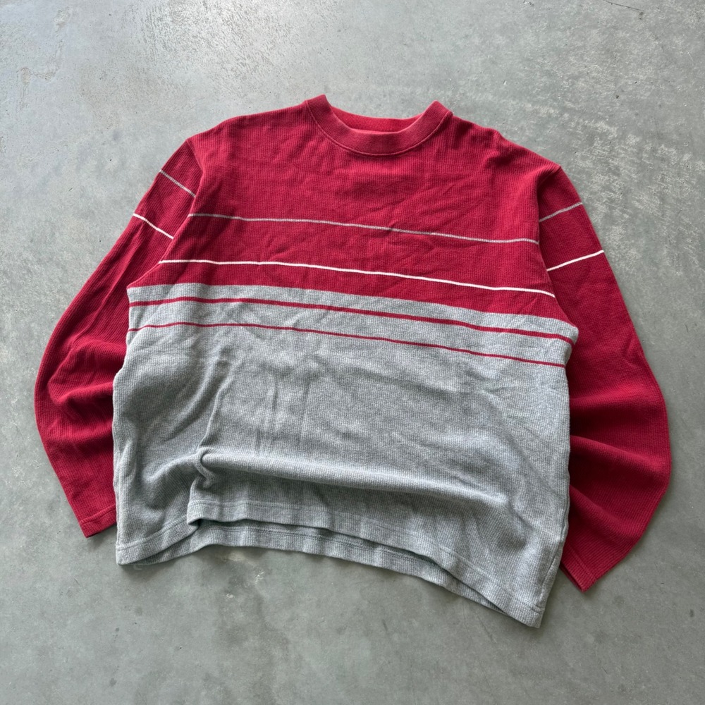 Sonoma Jean Company Mens Large Red Gray Striped Waffle Knit Thermal Shirt L